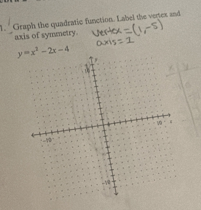 Graph the quadratic function. Label the vertex and 
axis of symmetry.
y=x^2-2x-4