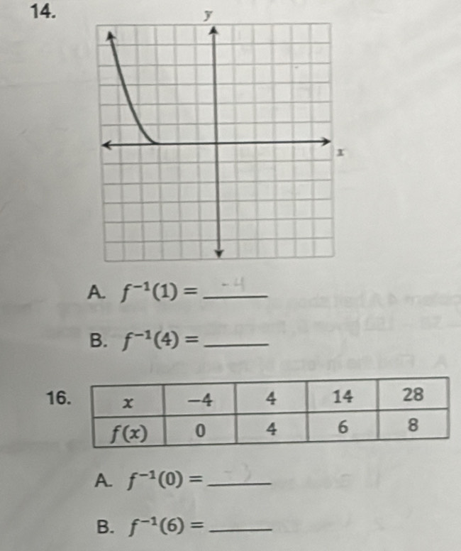 f^(-1)(1)= _
B. f^(-1)(4)= _
1
A. f^(-1)(0)= _
B. f^(-1)(6)= _