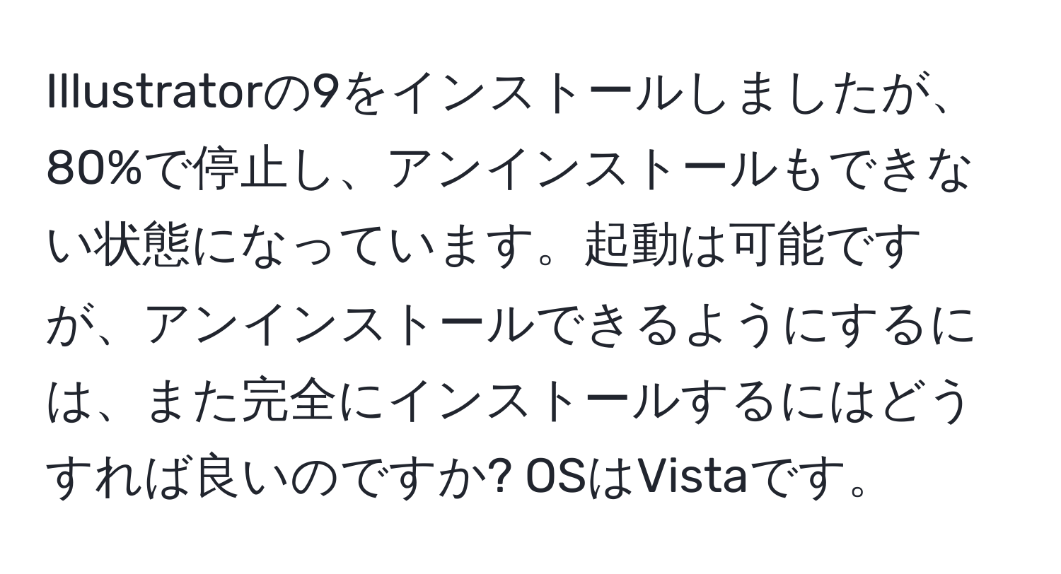 Illustratorの9をインストールしましたが、80%で停止し、アンインストールもできない状態になっています。起動は可能ですが、アンインストールできるようにするには、また完全にインストールするにはどうすれば良いのですか? OSはVistaです。