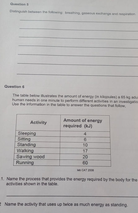 Distinguish between the following: breathing, gaseous exchange and respiration. 
_ 
_ 
_ 
_ 
_ 
_ 
_ 
Question 6 
The table below illustrates the amount of energy (in kilojoules) a 65 kg adu 
human needs in one minute to perform different activities in an investigatic 
Use the information in the table to answer the questions that follow, 
leb CAT 2008 
1. Name the process that provides the energy required by the body for the 
activities shown in the table. 
_ 
2 Name the activity that uses up twice as much energy as standing.