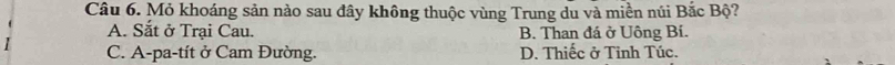 Mỏ khoáng sản nào sau đây không thuộc vùng Trung du và miền núi Bắc Bộ?
A. Sắt ở Trại Cau. B. Than đá ở Uông Bí.
C. A-pa-tít ở Cam Đường. D. Thiếc ở Tỉnh Túc.