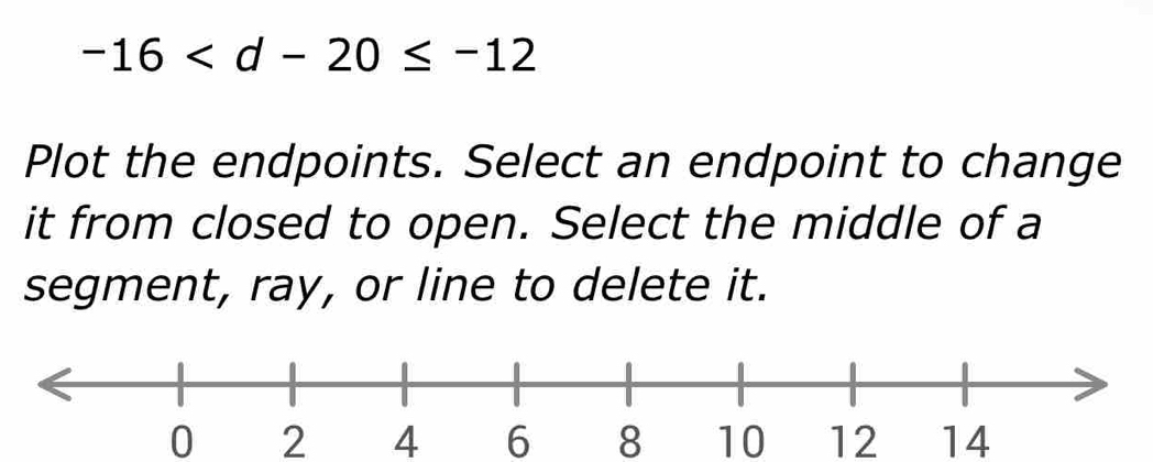 -16
Plot the endpoints. Select an endpoint to change 
it from closed to open. Select the middle of a 
segment, ray, or line to delete it.
0 2 4 6 8 10 12 14