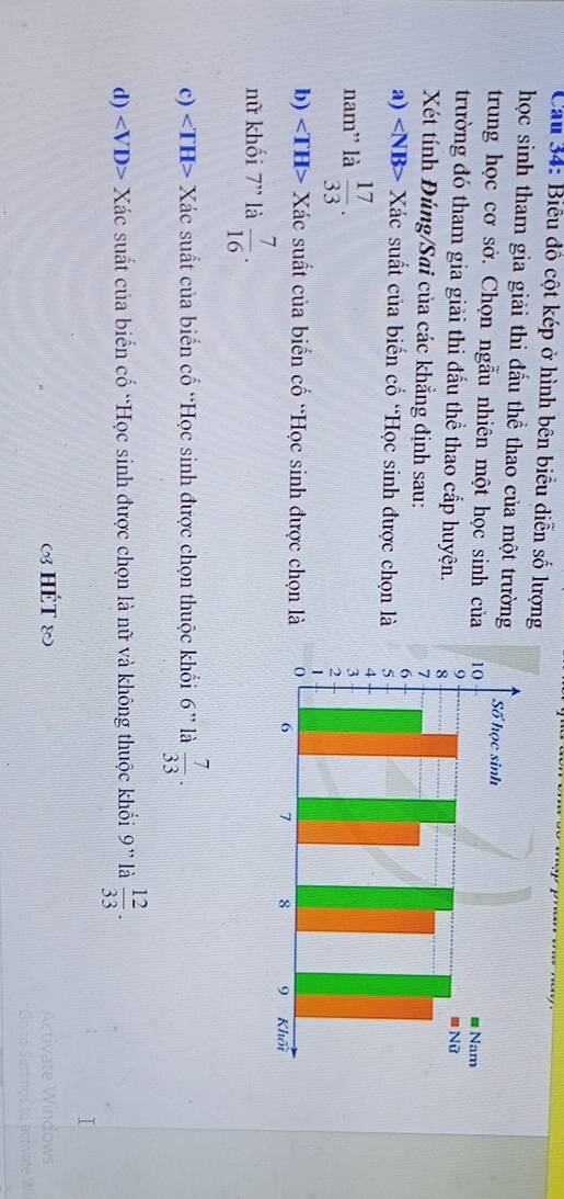 Cầu 34: Biểu đồ cột kép ở hình bên biểu diễn số lượng 
học sinh tham gia giải thi đấu thể thao của một trường 
trung học cơ sở. Chọn ngẫu nhiên một học sinh của 
trường đó tham gia giải thi đấu thể thao cấp huyện. 
Xét tính Đúng/Sai của các khẳng định sau: 
a) ∠ NB> Xác suất của biến cổ “Học sinh được chọn là 
nam' là  17/33 . 
b) ∠ TH> Xác suất của biến cố “Học sinh được chọn là 
nữ khối 7 ” là  7/16 . 
c) < <tex>1H> Xác suất của biến cố “Học sinh được chọn thuộc khối 6” là  7/33 . 
d) Xác suất của biến cố “Học sinh được chọn là nữ và không thuộc khối 9'' là  12/33 . 
( HÉT 8