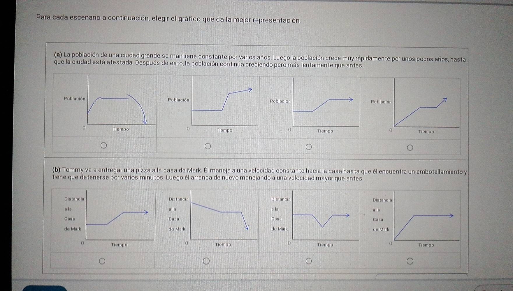 Para cada escenario a continuación, elegir el gráfico que da la mejor representación. 
(a) La población de una ciudad grande se mantiene constante por varios años. Luego la población crece muy rápidamente por unos pocos años, hasta 
que la ciudad está atestada. Después de esto, la población continúa creciendo pero más lentamente que antes. 
Población Poblac 
Poblac 
Tiempo 
(b) Tommy va a entregar una pizza a la casa de Mark. Él maneja a una velocidad constante hacia la casa hasta que él encuentra un embotellamiento y 
tiene que detenerse por varios minutos. Luego él arranca de nuevo manejando a una velocidad mayor que antes. 
DistanDista 
a la 
a la 
CasaCasa 
de Made M