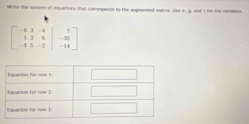 Write the system of equations that corresponds to the augmented matrix. Use ∞, y, and ± for the variables.
beginbmatrix -6&3&-4 1&2&6&|&-35 -3&5&-2&|&-14endbmatrix