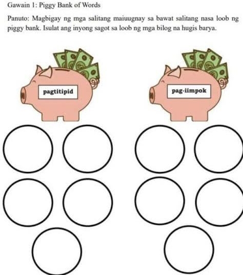 Gawain 1: Piggy Bank of Words 
Panuto: Magbigay ng mga salitang maiuugnay sa bawat salitang nasa loob ng 
piggy bank. Isulat ang inyong sagot sa loob ng mga bilog na hugis barya.