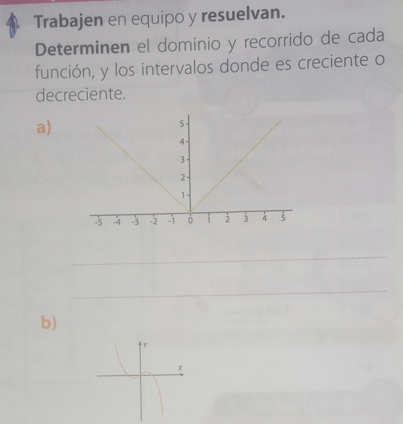 Trabajen en equipo y resuelvan. 
Determinen el dominio y recorrido de cada 
función, y los intervalos donde es creciente o 
decreciente. 
a) 
b)