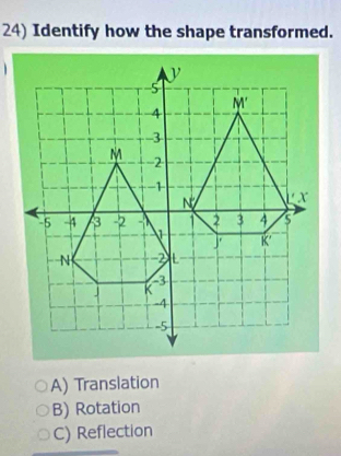 Identify how the shape transformed.

A) Translation
B) Rotation
C) Reflection