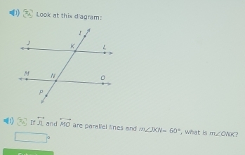 Look at this diagram: 
52 If overleftrightarrow JL and overleftrightarrow MO are paraliel lines and m∠ JKN=60° , what is m∠ ONK ?
□°