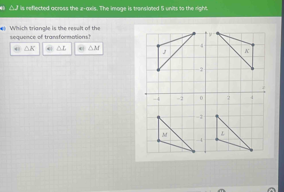 △ J is reflected across the x-axis. The image is translated 5 units to the right.
Which triangle is the result of the
sequence of transformations?
△ K △ L △ M