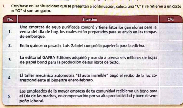 Con base en las situaciones que se presentan a continuación, coloca una “ C" si se refieren a un costo 
o “ G ” si son un gasto.