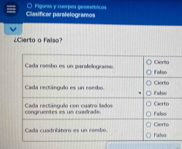 Figuras y cuerpos geométricos 
Clasificar paralelogramos 
¿Cierto o Falso?