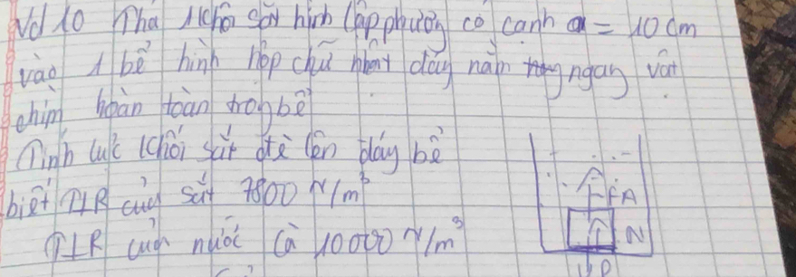 Nd lo Tha Mcho gáu hih (ap phuon co cann a=10cm
vào bè hù hop chú hán' dōg náin ngan và 
chin bààn tàn trobè 
ninb we (chói si otà (èn blay bè 
biāi nR cú sú 7800* /m^3
LR cuà nuòi cà 10000frac Nm^3
a