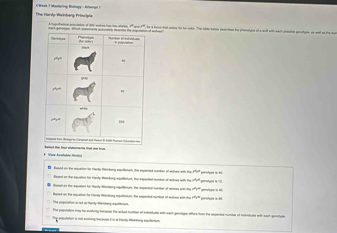 300 wolves has two alleles. F^0 and F^W. for a locus that codes for fur color. The table below describes the phenotype of a wolf with each possible genotype, as well as the nur
each genotype. Which statements accurately describ wolves?
e true.
View Available Hint(s)
Based on the equation for Hardy-Weinberg equilibrium, the expected number of wolves with the F^BF^B genotype is 40.
Based on the equation for Hardy-Weinberg equilibrium, the expected number of wolves with the F^BF^B genotype is 12.
Based on the equation for Hardy-Weinberg equilibrium, the expected number of wolves with the F^8F^W genotype is 40.
Based on the equation for Hardy-Weinberg equilibrium, the expected number of wolves with the F^8F^W genotype is 96.
The population is not at Hardy-Weinberg equilibrium.
The population may be evolving because the actual number of individuals with each genotype differs from the expected number of individuals with each genotype.
The population is not evolving because it is at Hardy-Weinberg equilibrium.