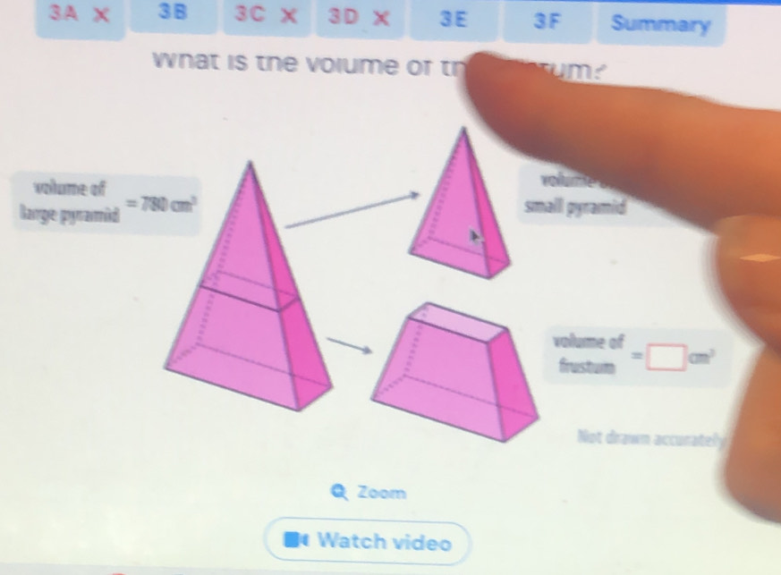 3AX 3B 3C* 3D* 3E 3F Summary 
what is the volume of tr me 
volume of 
volume 
large pyramid =780cm^3 small pyramid
beginarrayr volumeof frastumendarray =□ cm^3
Not drawn accurately 
Zoom 
Watch video