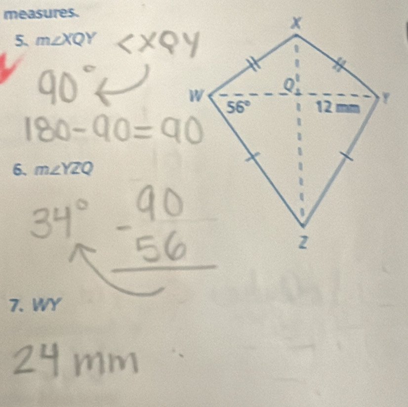 measures.
5. m∠ XQY
6. m∠ YZQ
7. WY