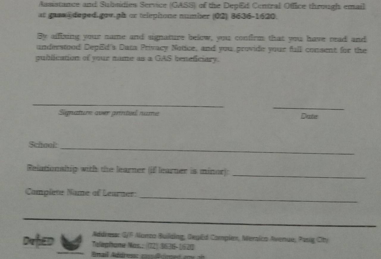 Solved: Assistance and Subsidies Service (GASS) of the DepEd Central ...