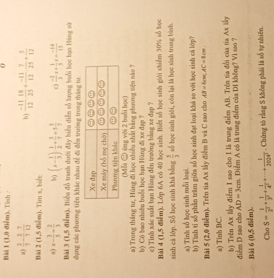 (1,0 điễm). Tính :
a)  2/7 - 2/7 ·  7/12   (-11)/12 , 18/25 + (-11)/12 , 7/25 + 5/12 
b)
Bài 2 (1,5 điễm). Tìm x, biết:
a) x- 3/5 = 2/3  b) (x- 1/3 ): 1/2 + 3/7 =5 3/7  c)  (-2)/3 x+ 1/5 x= (-14)/15 
Bài 3 (1,5 điểm). Biểu đồ tranh dưới đây biểu diễn số lượng buổi học bạn Hùng sử
dụng các phương tiện khác nhau đề đi đến trường trong tháng tư.
(Mỗi C ứng với 2 buổi học)
a) Trong tháng tư, Hùng đi học nhiều nhất bằng phương tiện nào ?
b) Có bao nhiêu buổi học bạn Hùng đi xe đạp ?
c) Tính xác suất bạn Hùng đến trường bằng xe đạp ?
Bài 4 (1,5 điểm). Lớp 6A có 40 học sinh. Biết số học sinh giỏi chiếm 30% số học
sinh cả lớp. Số học sinh khá bằng  5/3  số học sinh giỏi, còn lại là học sinh trung bình.
a) Tính số học sinh mỗi loại.
b) Tính tỉ số phần trăm giữa số học sinh đạt loại khá so với học sinh cả lớp?
Bài 5 (2,0 điểm). Trên tia Ax lấy điểm B và C sao cho AB=6cm;AC=8cm.
a) Tính BC.
b) Trên Ax lấy điểm I sao cho I là trung điểm AB. Trên tia đổi của tia Ax lấy
điểm D sao cho AD=3cm. Điểm A có là trung điểm của DI không? Vì sao ?
Bài 6 (0,5 điểm).
Cho S= 1/2^2 + 1/3^2 + 1/4^2 +·s + 1/2024^2 . Chứng tỏ rằng S không phải là số tự nhiên.