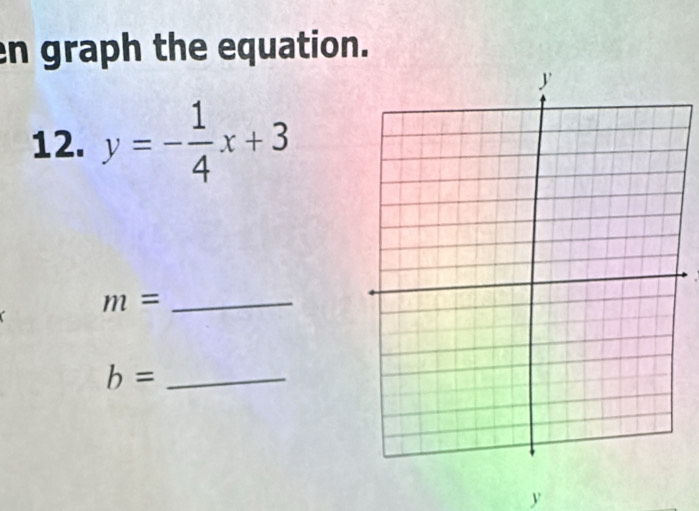 en graph the equation. 
12. y=- 1/4 x+3
_ m=
_ b=
y