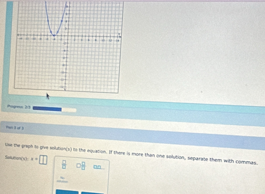 Use the graph to give solution(s) to the equation. If there is more than one solution, separate them with commas. 
Solution(s): x= □  □ /□   □  □ /□   □□