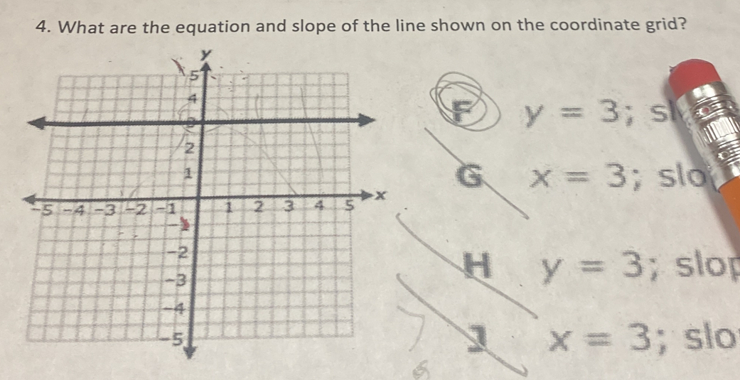 What are the equation and slope of the line shown on the coordinate grid?
y=3; s
G x=3; slo
H y=3; slop
x=3; slo