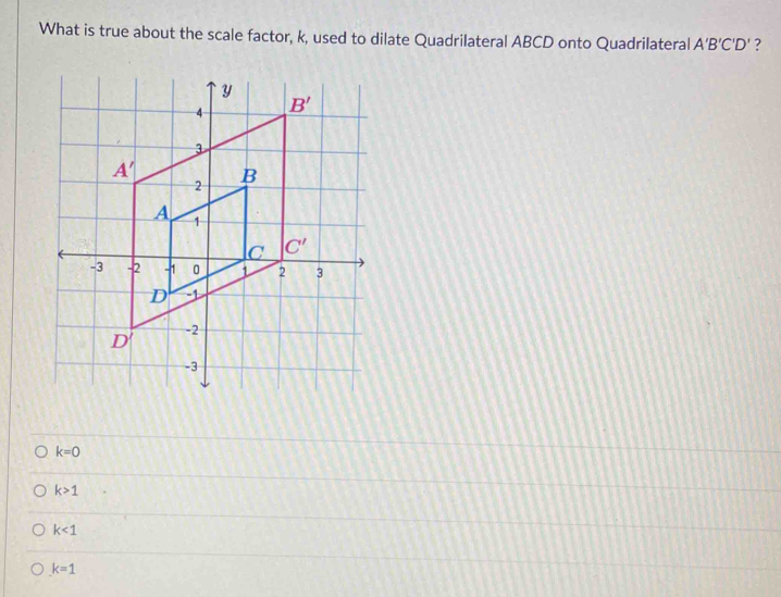 What is true about the scale factor, k, used to dilate Quadrilateral ABCD onto Quadrilateral A'B'C'D' ?
k=0
k>1
k<1</tex>
k=1