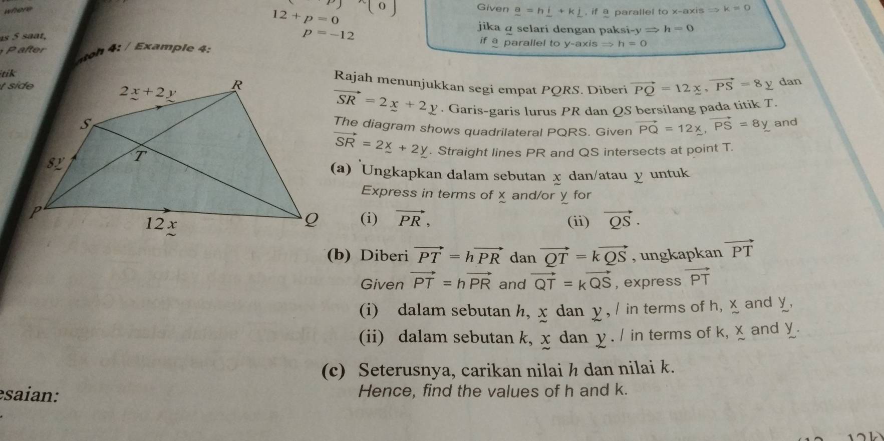 where
12+p=0 P(0)
Given _ a=h_ i+k_ j.ifa a parallel to x-axis Rightarrow k=0
jika a selari dengan paksi-y Rightarrow h=0
as 5 saat,
p=-12
if a parallel to y-axis Rightarrow h=0
e 
Example 4:
Rajah menunjukkan segi empat PQRS. Diberi vector PQ=12x,vector PS=8y dan
vector SR=2x+2y. Garis-garis lurus PR dan QS bersilang pada titik T.
The diagram shows quadrilateral PQRS. Given vector PQ=12x,vector PS=8y and
vector SR=2_ x+2_ y. Straight lines PR and QS intersects at point T.
(a) Ungkapkan dalam sebutan x dan/atau y untuk
Express in terms of x and/or y for
(i) vector PR,
(ii) vector QS.
(b) Diberi vector PT=hvector PR dan vector QT=kvector QS , ungkapkan vector PT
Given vector PT=hvector PR and vector QT=kvector QS , express vector PT
(i) dalam sebutan h, x dan y , / in terms of h, x and y,
(ii) dalam sebutan k, χ dan y. / in terms of k, χ and y.
(c) Seterusnya, carikan nilai h dan nilai k.
esaian: Hence, find the values of h and k.