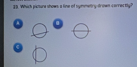 Which picture shows a line of symmetry drawn correctly? 
A 
B 
c