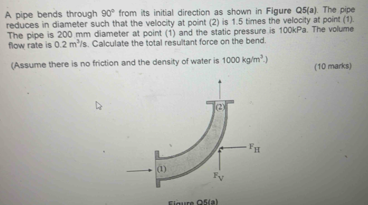 A pipe bends through 90° from its initial direction as shown in Figure Q5(a). The pipe
reduces in diameter such that the velocity at point (2) is 1.5 times the velocity at point (1).
The pipe is 200 mm diameter at point (1) and the static pressure is 100kPa. The volume
flow rate is 0.2m^3/s. Calculate the total resultant force on the bend.
(Assume there is no friction and the density of water is 1000kg/m^3.) (10 marks)
FiŒure Q5(a)