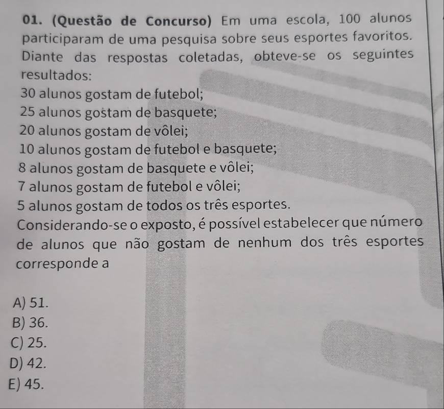 (Questão de Concurso) Em uma escola, 100 alunos
participaram de uma pesquisa sobre seus esportes favoritos.
Diante das respostas coletadas, obteve-se os seguintes
resultados:
30 alunos gostam de futebol;
25 alunos gostam de basquete;
20 alunos gostam de vôlei;
10 alunos gostam de futebol e basquete;
8 alunos gostam de basquete e vôlei;
7 alunos gostam de futebol e vôlei;
5 alunos gostam de todos os três esportes.
Considerando-se o exposto, é possível estabelecer que número
de alunos que não gostam de nenhum dos três esportes
corresponde a
A) 51.
B) 36.
C) 25.
D) 42.
E) 45.