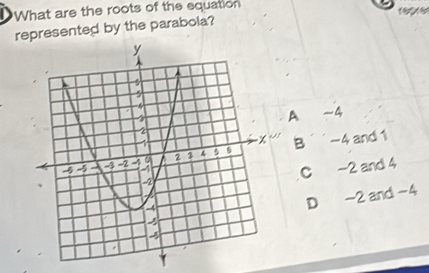 What are the roots of the equation
represented by the parabola?
A -4
B' -4 and 1
C -2 and 4
D -2 and -4