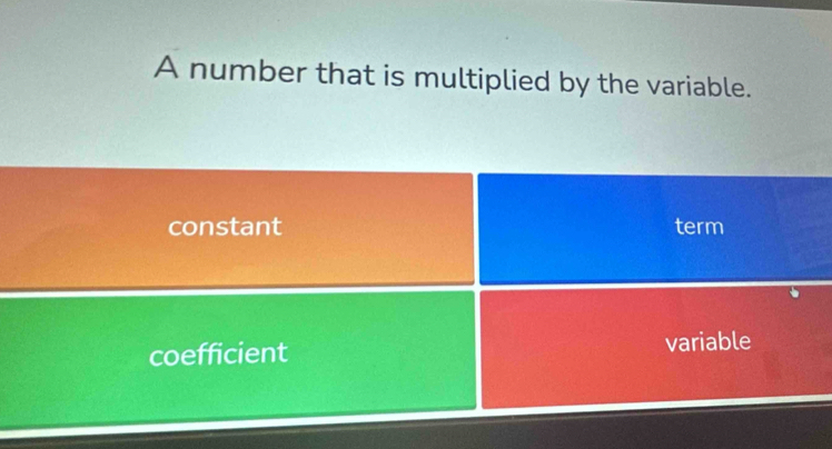 A number that is multiplied by the variable.
constant term
coefficient variable