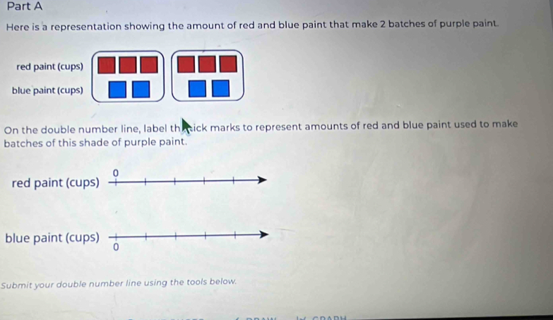 Here is a representation showing the amount of red and blue paint that make 2 batches of purple paint. 
red paint (cups) 
blue paint (cups) 
On the double number line, label th eeick marks to represent amounts of red and blue paint used to make 
batches of this shade of purple paint. 
blue paint (cups) 
0 
Submit your double number line using the tools below.