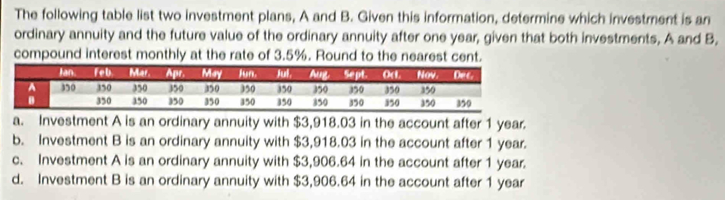 The following table list two investment plans, A and B. Given this information, determine which investment is an
ordinary annuity and the future value of the ordinary annuity after one year, given that both investments, A and B,
compound interest monthly at the rate of 3.5%. Round to the nearest cent.
a. Investment A is an ordinary annuity with $3,918.03 in the account after 1 year.
b. Investment B is an ordinary annuity with $3,918.03 in the account after 1 year.
c. Investment A is an ordinary annuity with $3,906.64 in the account after 1 year.
d. Investment B is an ordinary annuity with $3,906.64 in the account after 1 year