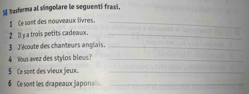 Trasforma al singolare le seguenti frasi. 
1 Ce sont des nouveaux livres._ 
2 Il y a trois petits cadeaux._ 
3 J’écoute des chanteurs anglais._ 
4 Vous avez des stylos bleus?_ 
5 Ce sont des vieux jeux._ 
6 Ce sont les drapeaux japonais._