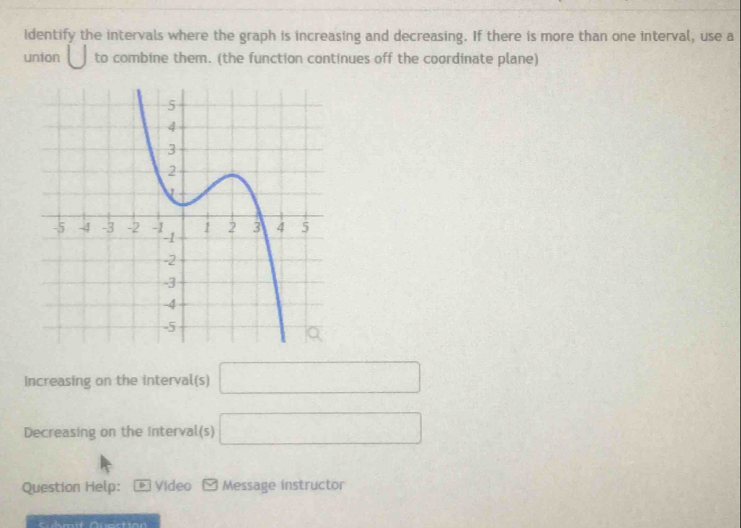 Identify the intervals where the graph is increasing and decreasing. If there is more than one interval, use a 
union to combine them. (the function continues off the coordinate plane) 
increasing on the interval(s) □
Decreasing on the interval(s) □ 
Question Help: Video Message instructor 
Cubmit Quectian