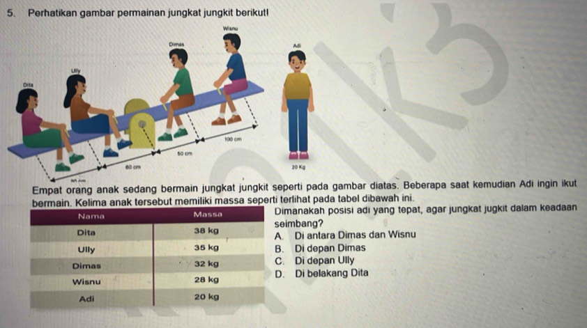 Perhatikan gambar permainan jungkat jungkit berikut!
Empat orang anak sedang bermain jungkat jungkit seperti pada gambar diatas. Beberapa saat kemudian Adi ingin ikut
bermain. Kelima anak tersebut memiliki massa seperti terlihat pada tabel dibawah ini.
imanakah posisi adi yang tepat, agar jungkat jugkit dalam keadaan
eimbang?. Di antara Dimas dan Wisnu. Di depan Dimas. Di depan Ully. Di belakang Dita