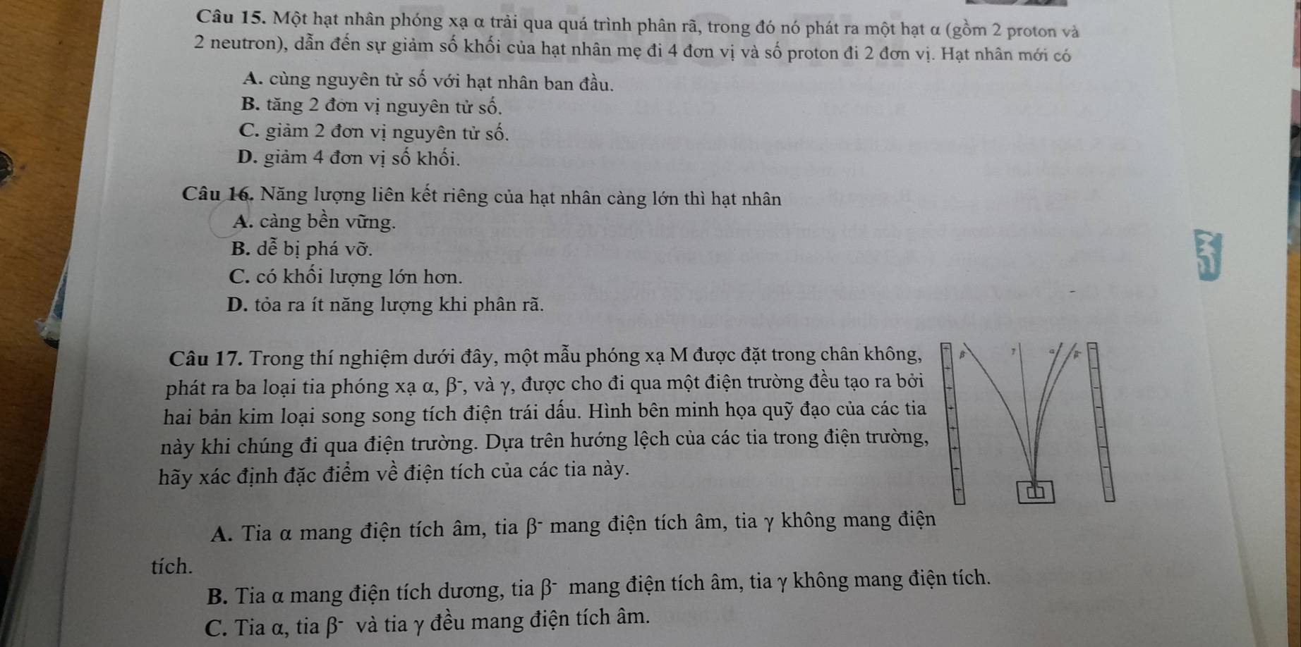 Một hạt nhân phóng xạ α trải qua quá trình phân rã, trong đó nó phát ra một hạt α (gồm 2 proton và
2 neutron), dẫn đến sự giảm số khối của hạt nhân mẹ đi 4 đơn vị và số proton đi 2 đơn vị. Hạt nhân mới có
A. cùng nguyên tử số với hạt nhân ban đầu.
B. tăng 2 đơn vị nguyên tử số.
C. giảm 2 đơn vị nguyên tử số.
D. giảm 4 đơn vị số khối.
Câu 16. Năng lượng liên kết riêng của hạt nhân càng lớn thì hạt nhân
A. càng bền vững.
B. dễ bị phá vỡ.
C. có khối lượng lớn hơn.
D. tỏa ra ít năng lượng khi phân rã.
Câu 17. Trong thí nghiệm dưới đây, một mẫu phóng xạ M được đặt trong chân không,
phát ra ba loại tia phóng xạ α, β -, và γ, được cho đi qua một điện trường đều tạo ra bởi
hai bản kim loại song song tích điện trái dấu. Hình bên minh họa quỹ đạo của các tia
này khi chúng đi qua điện trường. Dựa trên hướng lệch của các tia trong điện trường,
hãy xác định đặc điểm về điện tích của các tia này.
A. Tia α mang điện tích âm, tia β - mang điện tích âm, tia γ không mang điệ
tích.
B. Tia α mang điện tích dương, tia β - mang điện tích âm, tia γ không mang điện tích.
C. Tia α, tia β - và tia γ đều mang điện tích âm.