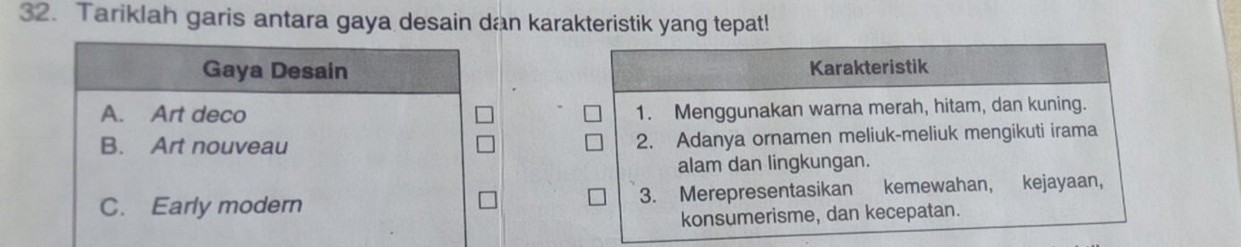 Tariklah garis antara gaya desain dan karakteristik yang tepat!
Gaya Desain Karakteristik
A. Art deco
1. Menggunakan warna merah, hitam, dan kuning.
B. Art nouveau 2. Adanya ornamen meliuk-meliuk mengikuti irama
alam dan lingkungan.
C. Early modern 3. Merepresentasikan kemewahan, kejayaan,
konsumerisme, dan kecepatan.