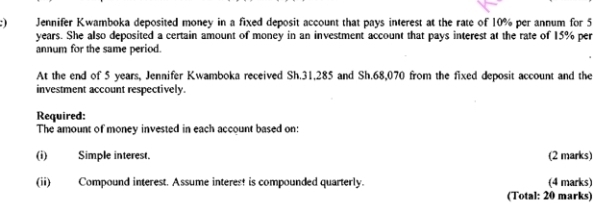 Jennifer Kwamboka deposited money in a fixed deposit account that pays interest at the rate of 10% per annum for 5
years. She also deposited a certain amount of money in an investment account that pays interest at the rate of 15% per 
annum for the same period 
At the end of 5 years, Jennifer Kwamboka received Sh.31,285 and Sh.68,070 from the fixed deposit account and the 
investment account respectively. 
Required: 
The amount of money invested in each account based on: 
(i) Simple interest. (2 marks) 
(ii) Compound interest. Assume interes! is compounded quarterly. (4 marks) 
(Total: 20 marks)