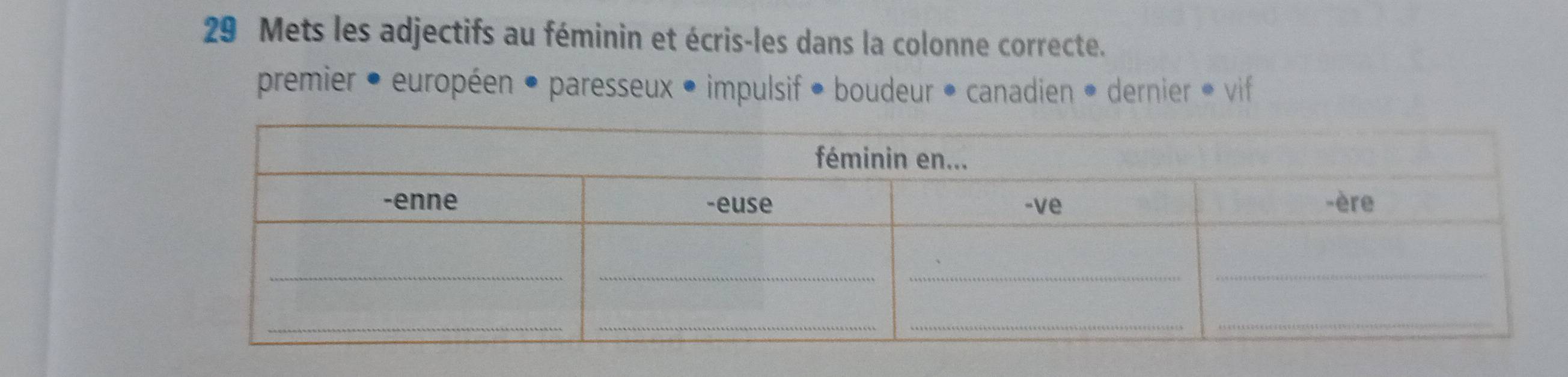 Mets les adjectifs au féminin et écris-les dans la colonne correcte. 
premier • européen • paresseux • impulsif • boudeur • canadien • dernier • vif