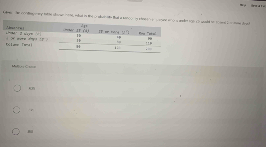 Help Save & Exit
Glven the contingency table shown here, what is the probability that a raner age 25 would be absent 2 or more days?
Multiple Choice.625.375.150