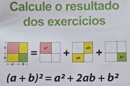 Calcule o resultado 
dos exercícios
a
a^2
ab
= + +
b
ab
b^2
a b
(a+b)^2=a^2+2ab+b^2