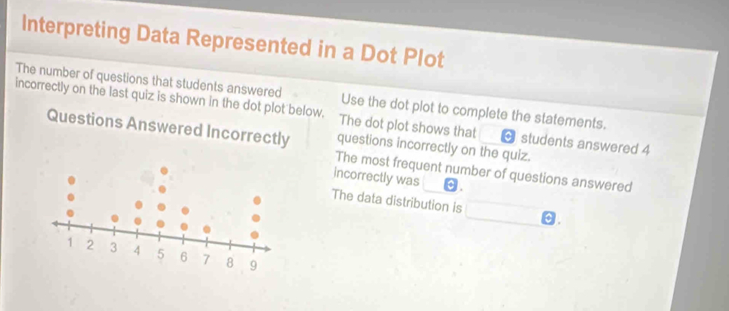 Interpreting Data Represented in a Dot Plot 
The number of questions that students answered Use the dot plot to complete the statements. 
incorrectly on the last quiz is shown in the dot plot below. The dot plot shows that students answered 4
Questions Answered Incorrectly questions incorrectly on the quiz. 
The most frequent number of questions answered 
incorrectly was c. 
The data distribution is