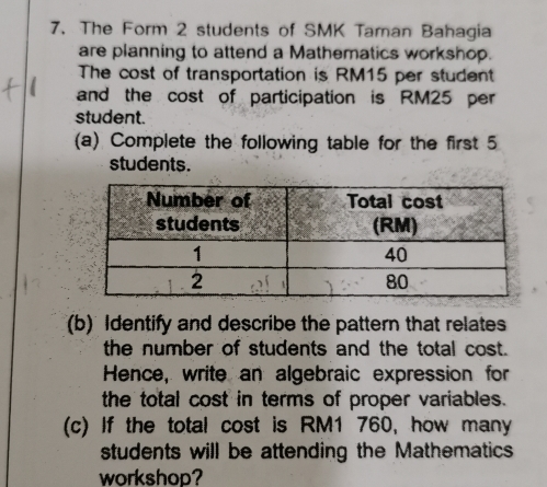 The Form 2 students of SMK Taman Bahagia 
are planning to attend a Mathematics workshop. 
The cost of transportation is RM15 per student 
and the cost of participation is RM25 per 
student. 
(a) Complete the following table for the first 5
students. 
(b) Identify and describe the pattern that relates 
the number of students and the total cost. 
Hence, write an algebraic expression for 
the total cost in terms of proper variables. 
(c) If the total cost is RM1 760, how many 
students will be attending the Mathematics 
workshop?