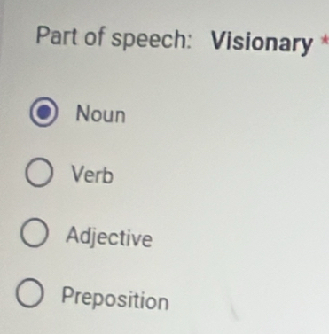 Part of speech: Visionary *
Noun
Verb
Adjective
Preposition