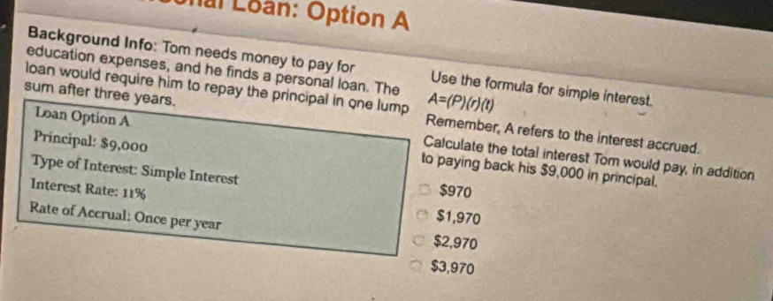 Unal Loan: Option A
Background Info: Tom needs money to pay for
education expenses, and he finds a personal loan. The A=(P)(r)(t)
loan would require him to repay the principal in one lump Use the formula for simple interest.
sum after three years.
Remember, A refers to the interest accrued.
Principal: $9,000
Loan Option A to paying back his $9,000 in principal.
Calculate the total interest Tom would pay, in addition
Type of Interest: Simple Interest $970
Interest Rate: 11% $1,970
Rate of Accrual: Once per year $2,970
$3,970