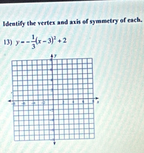 Identify the vertex and axis of symmetry of each. 
13) y=- 1/3 (x-3)^2+2