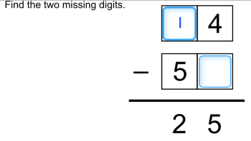 Find the two missing digits.
frac beginarrayr 1encloselongdiv 14endarray -5□  hline 25endarray