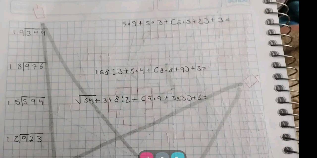 7.9+503+(5· 5+2)+3=
beginarrayr 1 9encloselongdiv 349endarray
8sqrt(976)
158:3+5.4+(8.8+9)+5=
L beginarrayr 5encloselongdiv 594endarray
sqrt(64)+3+8:2+(9· 9+5· 3)+6=
beginarrayr 12encloselongdiv 973endarray